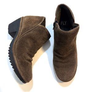 Fly London Women's Brown Suede Wezo Ankle Boot Booties Stacked Heel Boho Hippie